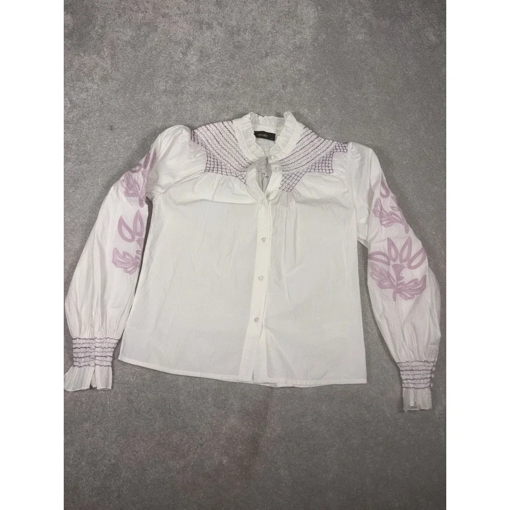 veroalfie‎ embroidered ruggle smocked blouse white Puff Sleeve Anthropologie 2